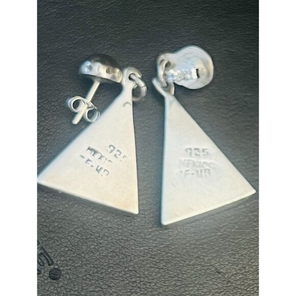 Vtg 925 Silver Crushed Malachite Onyx Inlay Triangle Drop Dangle Earrings Mexico - Picture 9 of 9